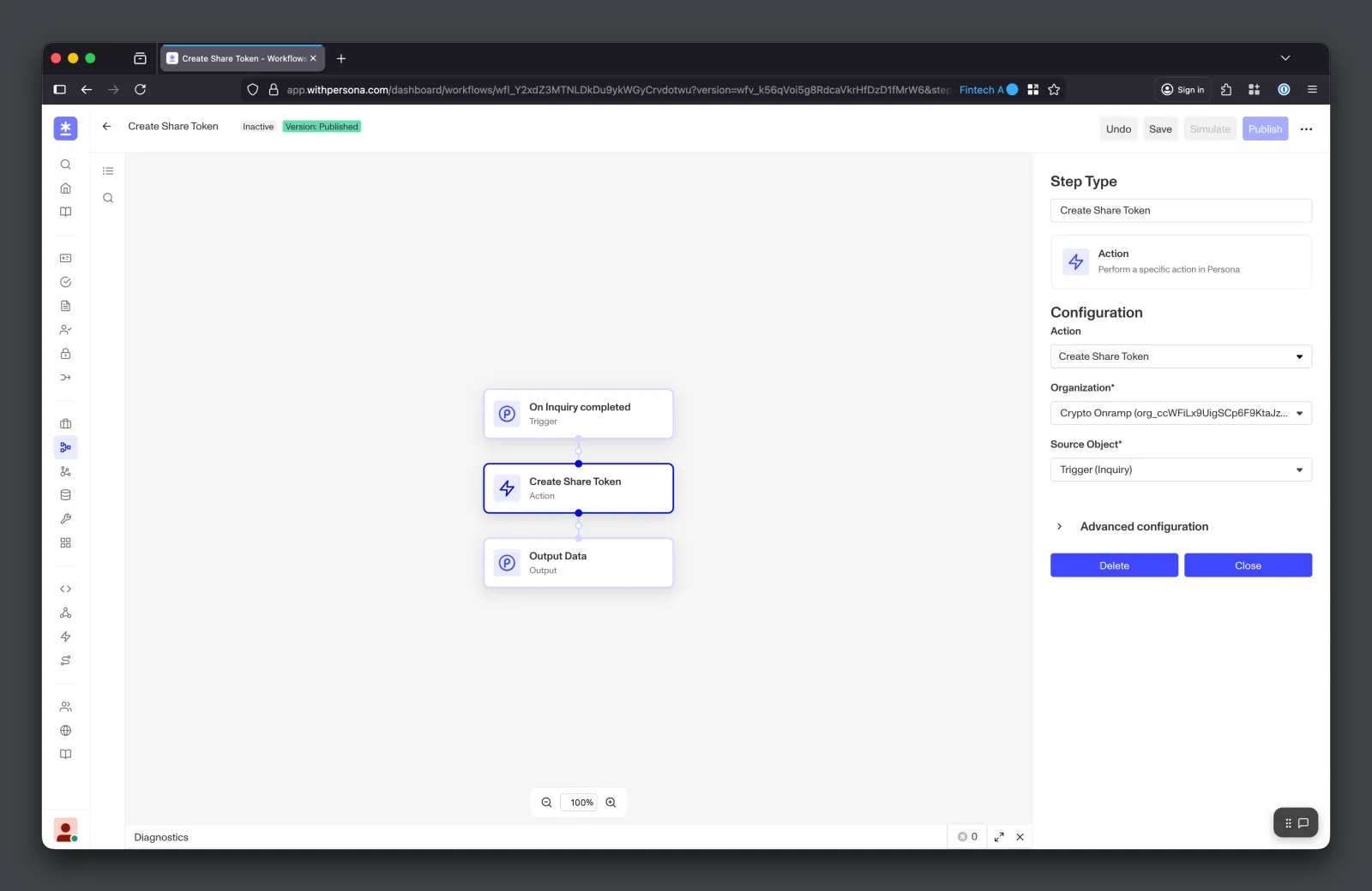 Workflow action that creates a Share Token