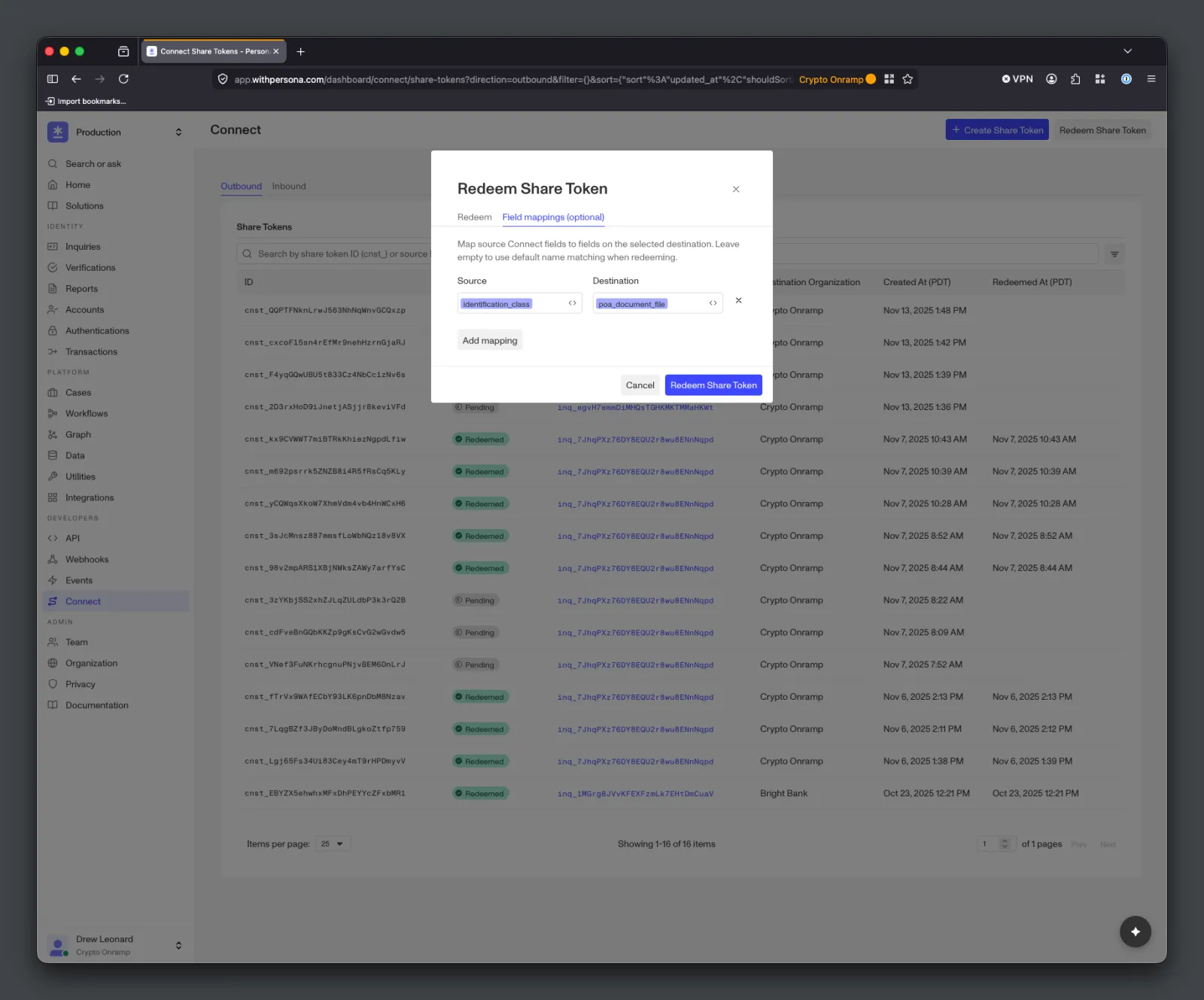 Persona Dashboard Redeem Share Token modal with the Field mappings tab open, showing one source-to-destination field mapping row and an Add mapping button