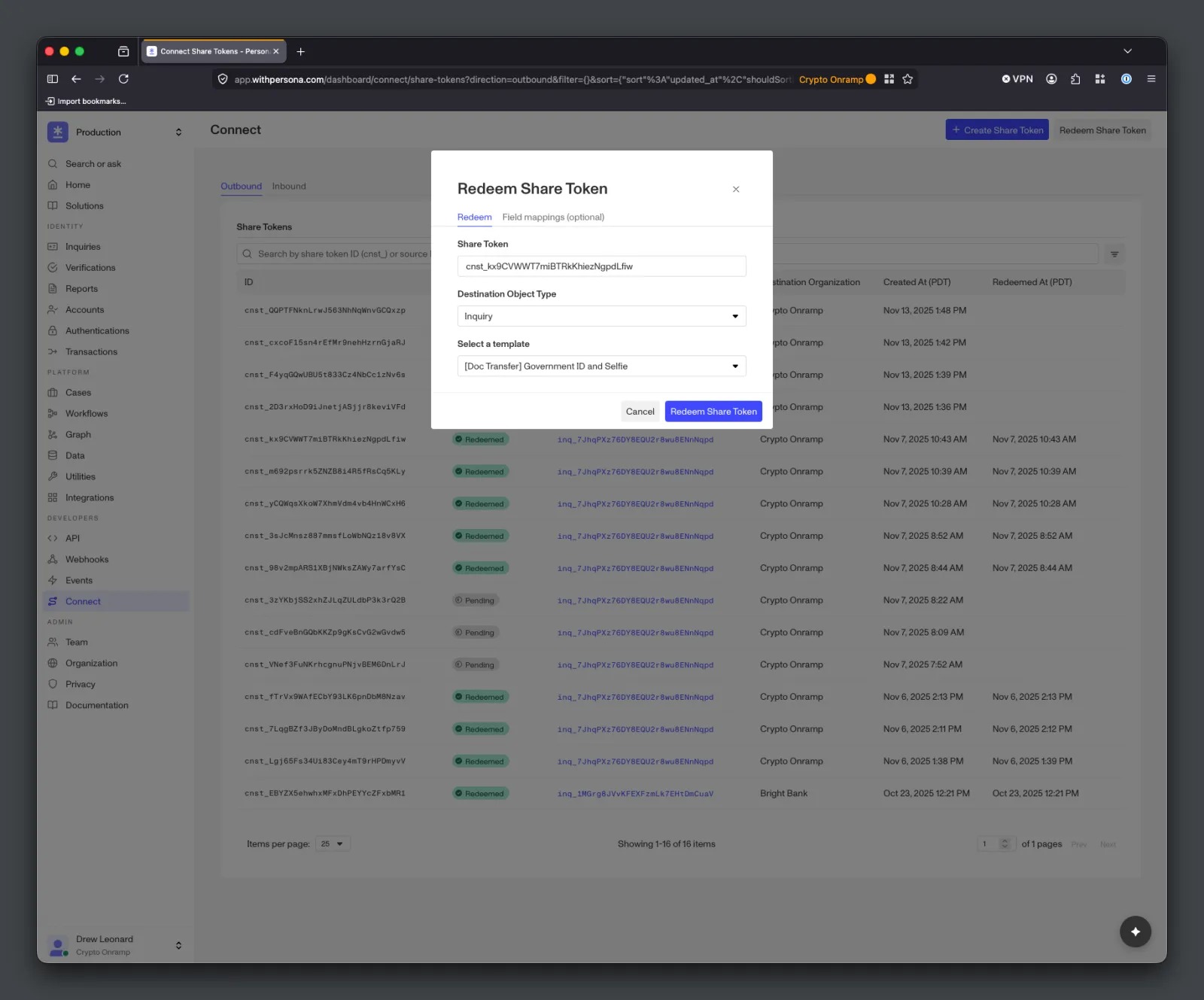 Persona Dashboard UI for redeeming a Share Token