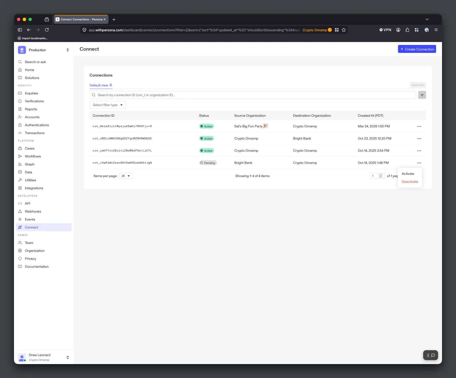 Destination Organization activating a pending Connection via the row's actions menu.