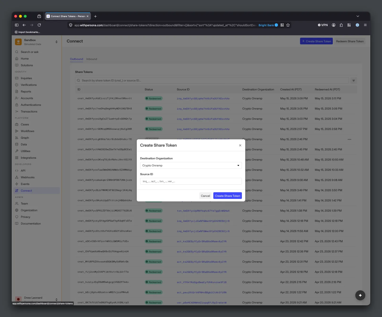 Persona Dashboard form for creating a Share Token