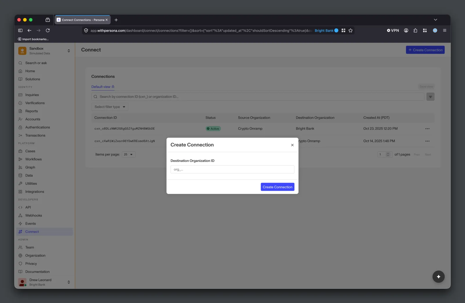 Source Organization creating a Connection from the Dashboard's Connect > Connections page.