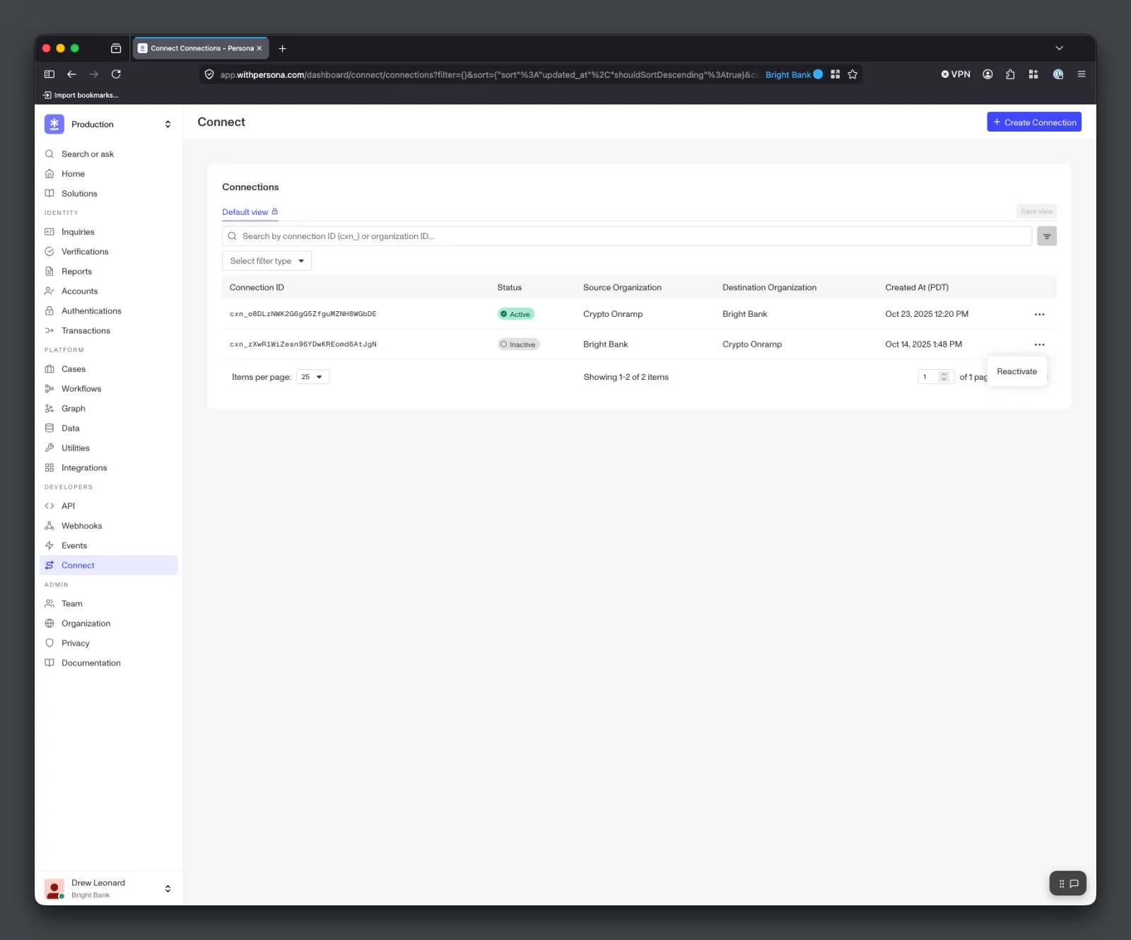 Source Organization reactivating an inactive Connection via the row's actions menu.